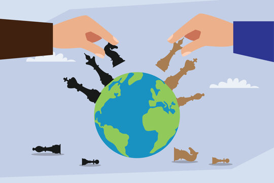 Global Strategy and Geopolitics Concept: Hands Playing Chess with Pieces on Planet Earth Globe 2d flat vector illustration