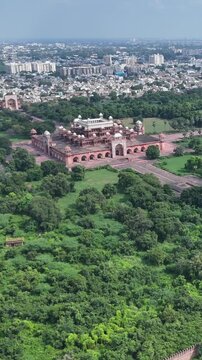 Vertical Aerial View of Akbar Tomb in Agra India