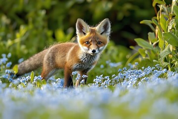 Fototapeta premium young red fox kit standing among blue wildflowers in a sunlit green meadow with a curious alert expression