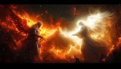 Fototapeta premium Fiery armored winged warrior with flaming sword facing a radiant angelic figure in flowing robes with outstretched hand amid roaring flames, an intense epic clash of light and darkness