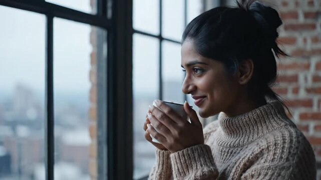 Woman enjoying a warm drink by the window.