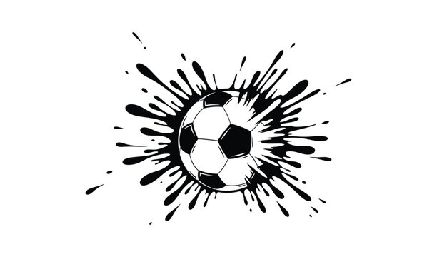 Dynamic black and white illustration of a soccer ball exploding with energy and splatter effects, conveying motion and excitement in a graphic design.