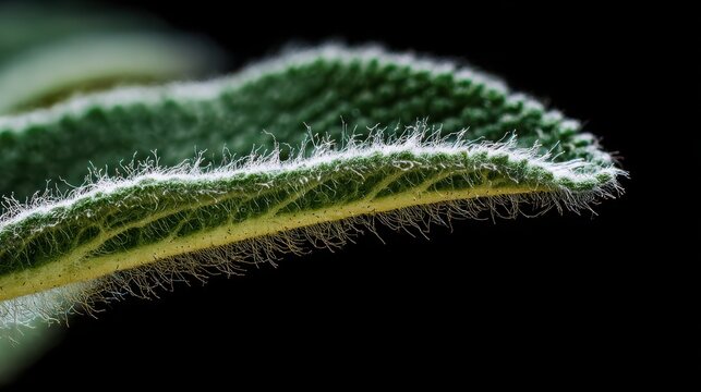 Extreme Close Up Macro Shot Of A Fuzzy Green Leaf Edge With Visible Veins And Hairs close-up