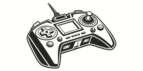 Black and white vector graphic of a remote control for drone or aircraft with controller joystick aircraft technology electronic illustration equipment transmitter wireless operation © Shahin