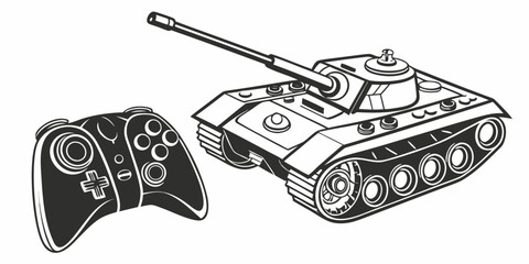 Black and white illustration of a toy tank and a game controller with video game line art flat design joystick entertainment childhood military illustration silhouette recreation © Shahin