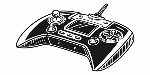 Stylized black and white illustration of a modern game controller with joystick and buttons video game console controller line art flat design e sport joystick entertainment illustration © Shahin