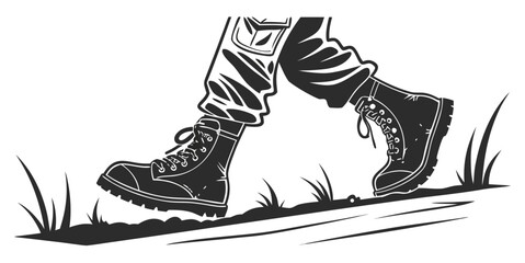 Legs of a person wearing military boots walking on grass with military stepping movement trousers camouflage exploration adventure footwear clothing equipment illustration isolated © Shahin