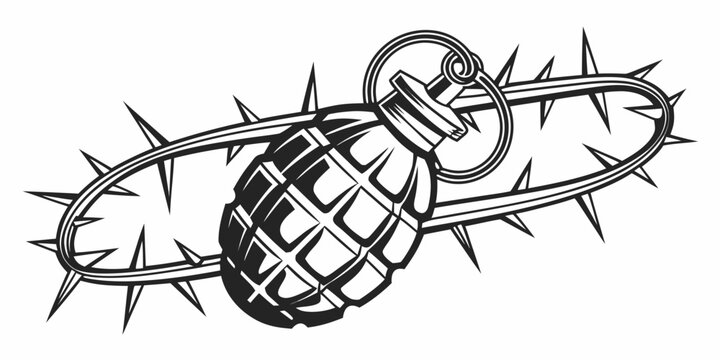 Symbolic illustration of a hand grenade intertwined with a thorny crown representing conflict suffering the duality of peace and war social issues human rights conflict violence aggression