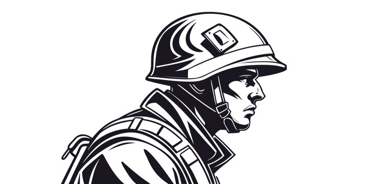 Profile illustration of a determined male soldier wearing a helmet and tactical gear depicting military personnel in side view armed forces military personnel tactical determined security