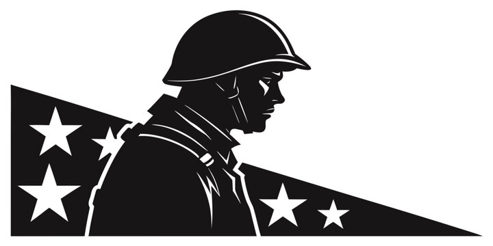 Brave soldier in military uniform and helmet in profile silhouette against a patriotic star background vector illustration of service with armed forces military patriotism silhouette