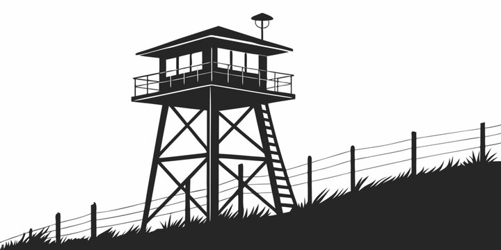 Silhouetted guard tower on a grassy hill with perimeter fence and overhead light illustration restricted area watchtower security surveillance observation protection illustration