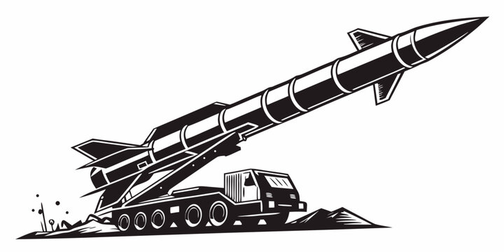 Mobile missile system preparing for launch a ballistic rocket on a tracked military vehicle black and white vector graphic illustration defense system weapon system anti aircraft cold war