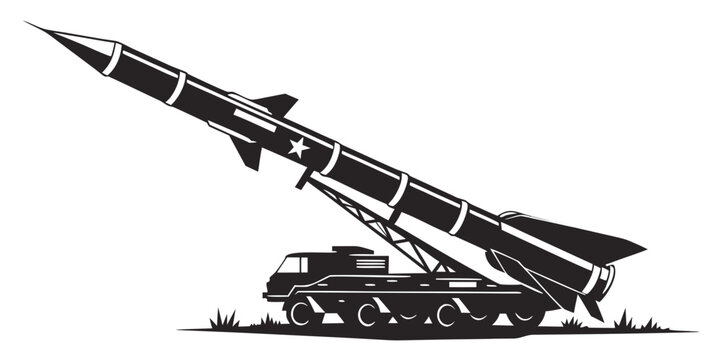 Mobile missile launcher with a ballistic missile on a tracked vehicle aiming skyward black and white vector illustration of military weapon system defense system anti aircraft ground to air