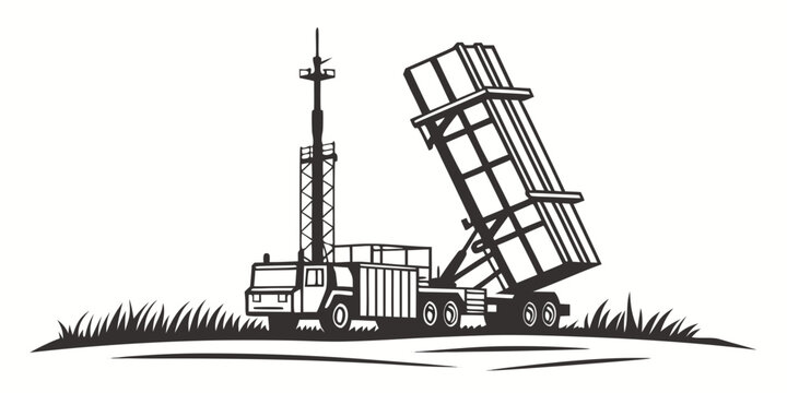 Mobile surface-to-air missile defense system with multiple launch tubes and a communication mast black and white vector illustration weapon system anti aircraft military technology cold war