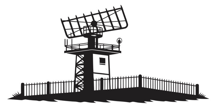 Ground-based radar tower with a rotating antenna dish surrounded by a protective fence military surveillance system vector graphic detection system air traffic black and white air defense