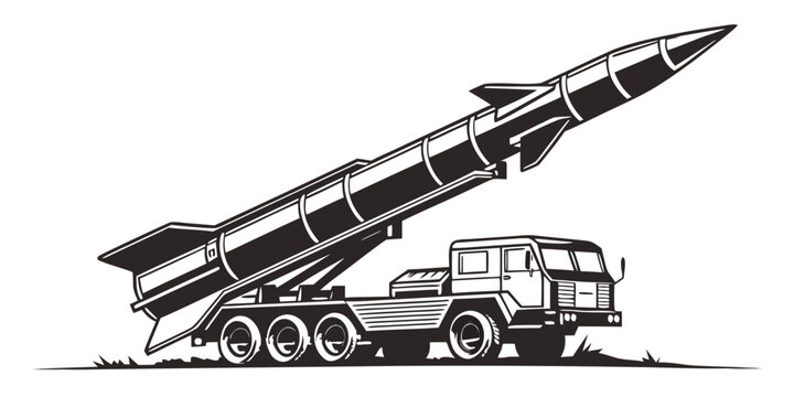 Truck-mounted mobile missile launcher carrying a large ballistic missile ready for deployment black and white vector illustration of a military vehicle defense system weapon system cold war