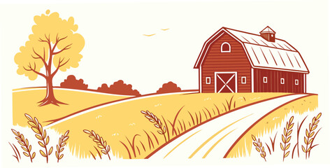 Idyllic red barn and a single autumn tree in a rolling golden field with a winding country road depicting a serene rural landscape under a clear sky with flying birds agriculture landscape © Shahin