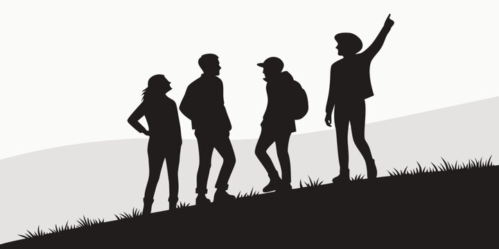 Silhouette of a group of travelers standing on a grassy mountain ridge looking at the horizon with one person pointing towards a distant destination silhouette mountain landscape adventure