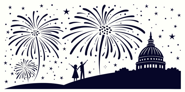 Silhouette of a couple standing on a hill watching a grand firework display at night near a capitol building dome with stars and sparkles in the sky fireworks silhouette building celebration