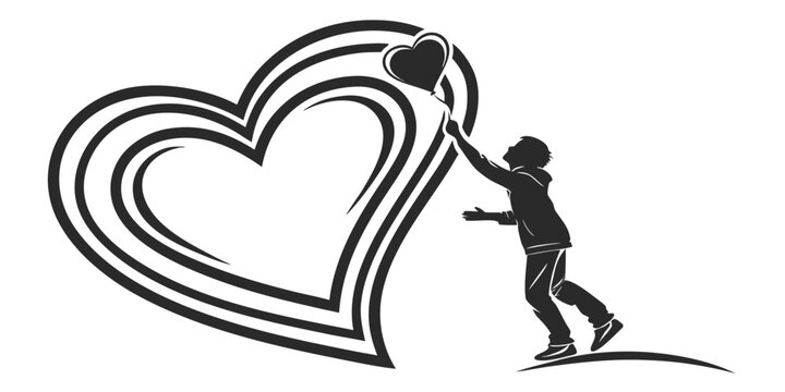 Silhouette of a young boy reaching for a heart shaped balloon with large concentric heart outlines in black and white graphic style silhouette reaching childhood happiness innocent