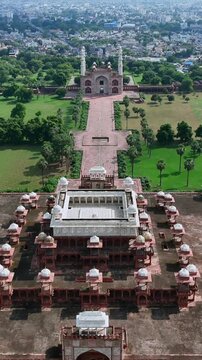 Vertical Aerial View of Akbar Tomb in Agra India