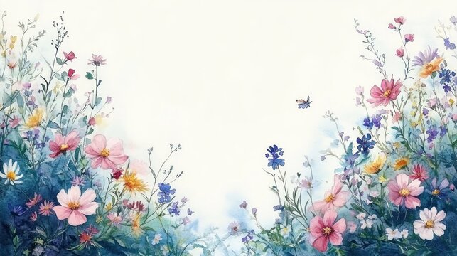 Delicate pastel wildflower meadow border with pink and blue blossoms and a tiny butterfly over soft white space, serene and whimsical