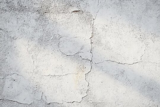 weathered white plaster wall with visible cracks, rough stucco texture, subtle stains and soft diagonal shadows, evoking quiet aged decay