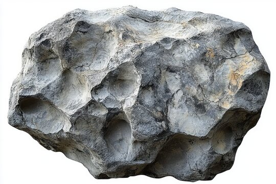 large weathered boulder with deep pitted hollows and rough gray beige textured surface evoking ancient ruggedness