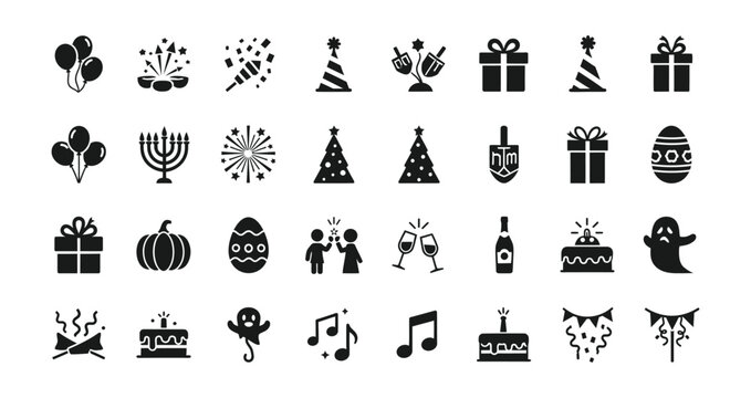 Set of black silhouette icons for various celebrations parties and holidays on white background