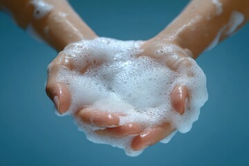 Naklejka premium Cupped hands holding white soap foam and bubbles over a soft blue background, conveying cleanliness and care