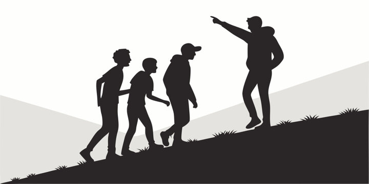 Silhouettes of a group of people climbing a hill following a leader who is pointing towards a goal or destination with silhouette climbing leadership pointing direction destination