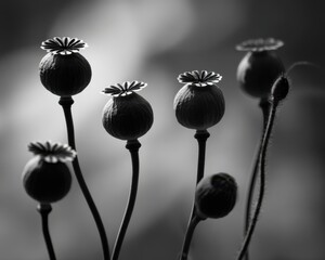 Obraz premium Black and White Macro of Poppy Seed Pods with Intricate Tops and Soft Bokeh Background opium poppy papaver somniferum
