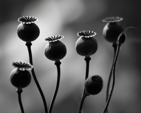 Black and White Macro of Poppy Seed Pods with Intricate Tops and Soft Bokeh Background opium poppy papaver somniferum