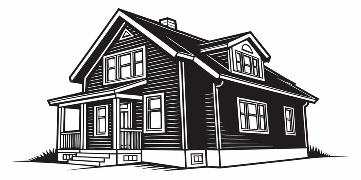 Black and white vector illustration of a two story suburban residential house featuring a front porch wooden siding and an attic dormer window on a gabled roof exterior facade design, building