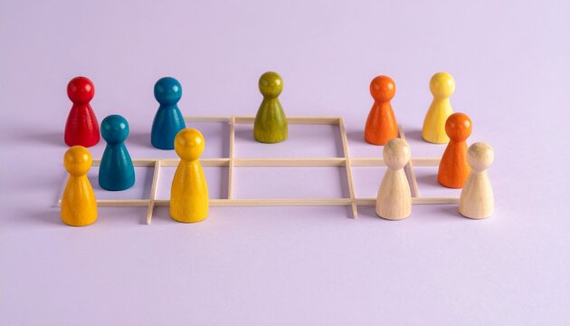 Colorful figurines encircle square, symbolizing equality, teamwork, collaboration