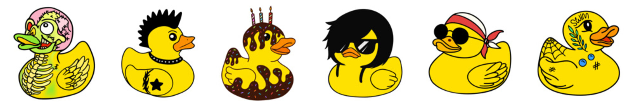 Rubber Duck Character Set, Yellow Bath Toy Ducks in Funny Costume Styles, Punk Rock, Zombie, Pirate, Cool Sunglasses, Cake Dessert and Tattoo Duck Collection for Kids Bathroom Fun