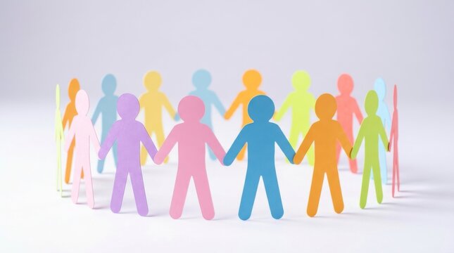 Colorful paper people chain holding hands in circle on white background representing unity and team.
