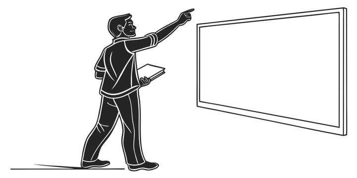 Graphic silhouette of a man holding a book and pointing to a blank whiteboard for presentation with pointing whiteboard education classroom learning academic instruction presenter