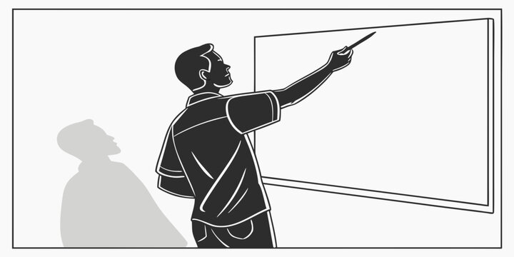 Silhouette illustration of a male teacher or presenter pointing to a blank projection screen with pointing education classroom learning academic instruction presenter training university