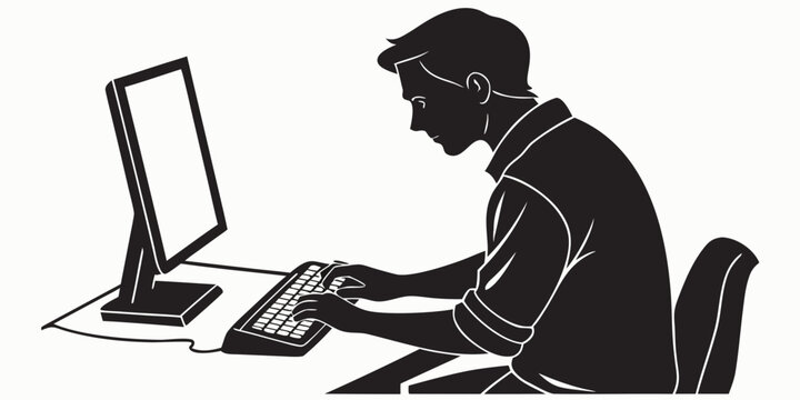 Silhouette illustration of a man typing on a computer keyboard while working at a desk with computer keyboard silhouette business technology professional operator internet programming