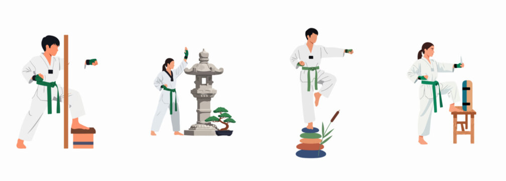 Set of illustrations depicting men and women practicing martial arts, showing various Taekwondo poses, training equipment, and traditional decorative elements on white background.