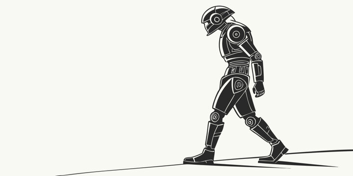 Sad futuristic robot walking with a slumped posture representing artificial intelligence depression or failure depressed futuristic mechanical technology downcast melancholy synthetic