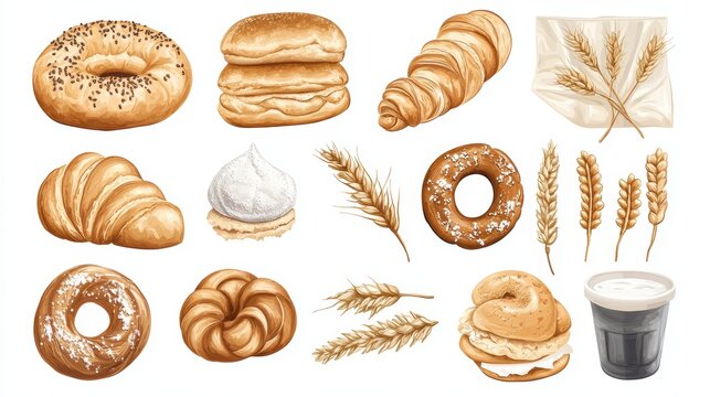 Bakery shop stall with bakery products, buying cake at a bakery store,baguette,cinnamon roll,bagel,croissant,home made fresh bread,Breakfast and cafe concept.