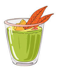 Green vegetable smoothie with a cinnamon stick and mint leaf in a glass - Vector Illustration © powdesign