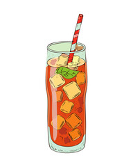 Refreshing iced fruit tea with a red straw and mint leaf in glass - Vector Illustration © powdesign