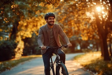 Naklejka premium person cycling along a tree-lined park path at golden hour wearing a helmet and casual jacket bathed in warm autumn sunlight relaxed and peaceful mood