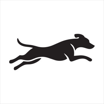Silhouette of fast running dog jumping in air black flat vector illustration on white background.