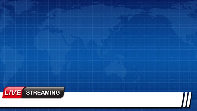 Live streaming news background with world map and blue grid motion graphics.
