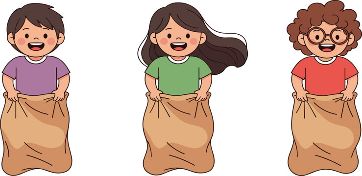 Happy kids sack race vector illustration featuring children jumping in burlap bags outdoor game cartoon characters isolated design