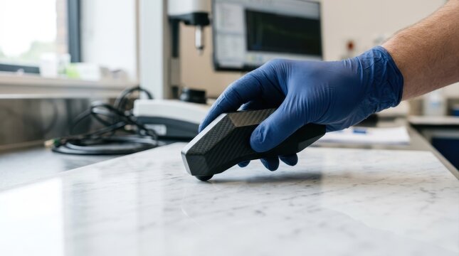 Scientist using a handheld 3d scanner on a marble surface in a lab